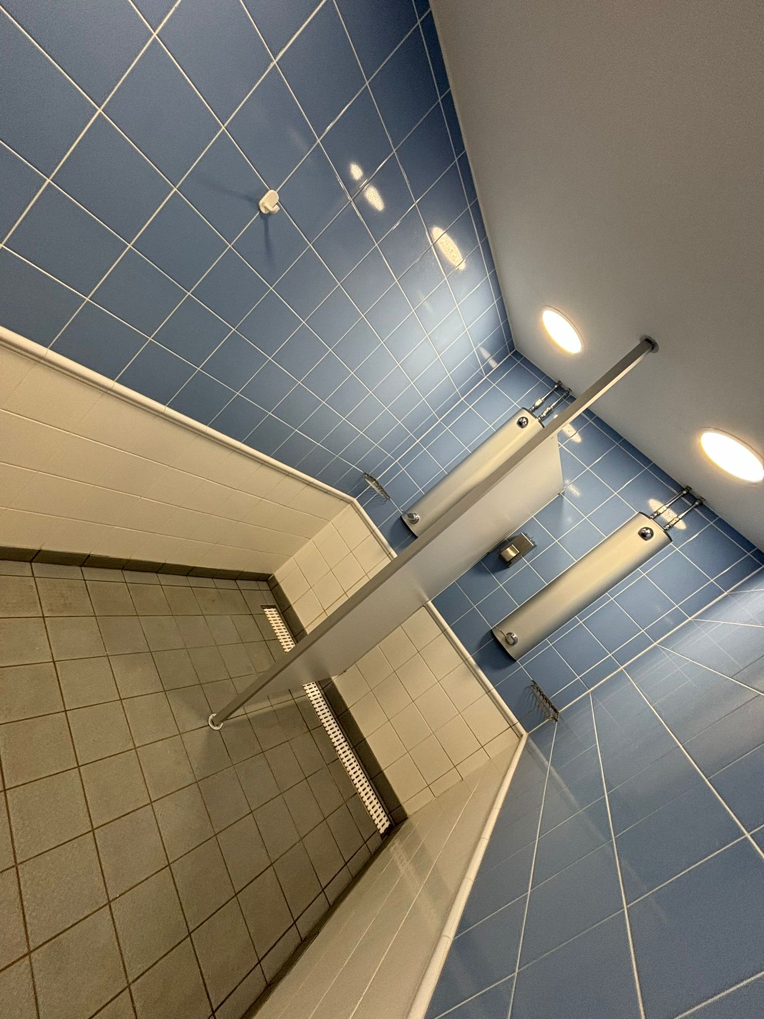 Blue herringbone tile bathroom